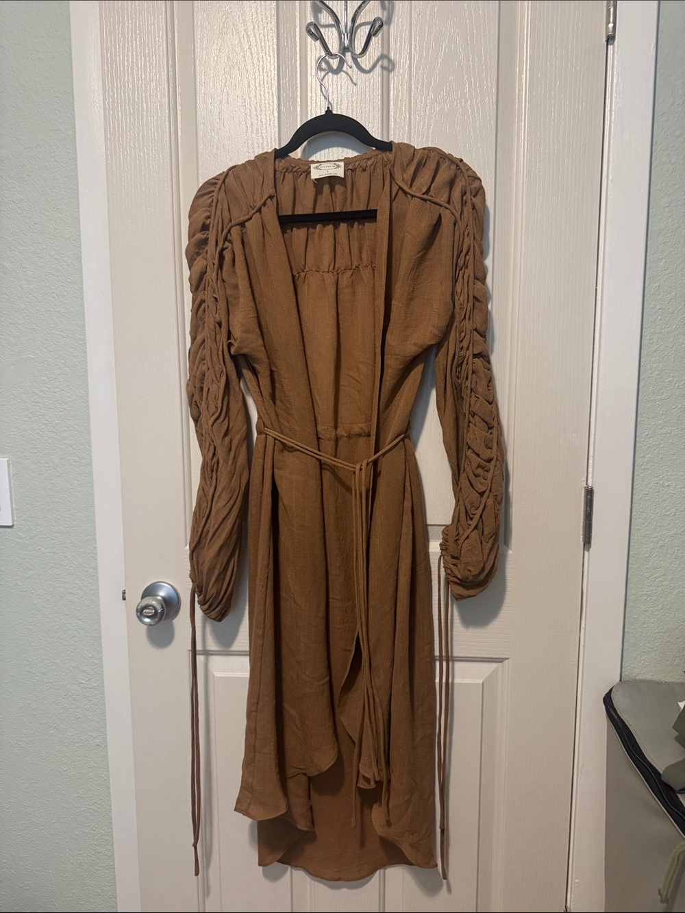 Joyfolie Braided-Sleeve Midi Dress in Brown